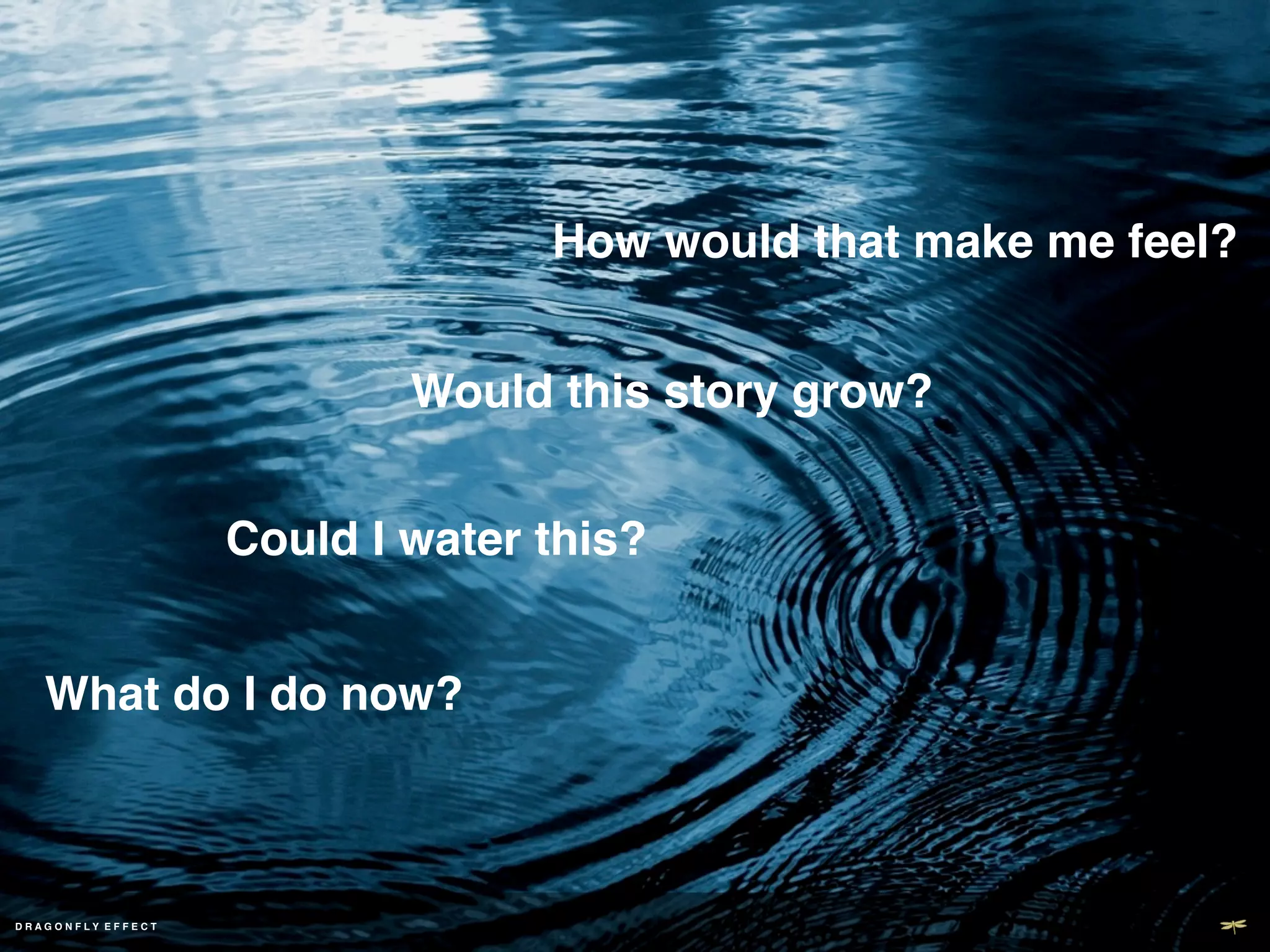 How would that make me feel?!


                                             Would this story grow?!


                                     Could I water this?!


      What do I do now?!



DD R A G O N F L Y E F F E C T ! !
 RAGONFLY EF ECT
 