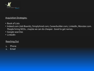 Acquisition Strategies:
• Book of Lists
• Indeed.com (Job Boards), Simplyhired.com,Careerbuilder.com, LinkedIn, Monster.com.
People hiring SEOs…maybe we can do cheaper. Good to get names.
• Google searches
• LinkedIn
ReachingOut
1. Phone
2. Email
 