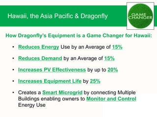Hawaii, the Asia Pacific & Dragonfly
How Dragonfly’s Equipment is a Game Changer for Hawaii:
• Reduces Energy Use by an Average of 15%
• Reduces Demand by an Average of 15%
• Increases PV Effectiveness by up to 20%
• Increases Equipment Life by 25%
• Creates a Smart Microgrid by connecting Multiple
Buildings enabling owners to Monitor and Control
Energy Use
 