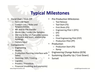 Typical Milestones
                               Typical Milestones
 •    Hand Over / Kick‐Off                     •   Pre‐Production Milestones
        – Form CM Team                              –   Tool Release
        – C
          Contact Lists / Roles and 
                   Li / R l       d                 –   Tool Start (TS)
                                                        T lS       (TS)
          Responsibilities                          –   First Shots (FS)
        – ME and EE File transfer                   –   Engineering Pilot 1 (EP1)
        – Works Like / Looks Like Samples           –   EP2
        – CM trip to the US if possible (access     –   EP3
          to models and team, relationship          –   Final Engineering Pilot (FEP)
          building).
        – Factory Input                             –   Production Pilot (PP)
 •    Components                               •   Production
                                                   P d ti
        – Engineering                               – Production Start (PS)
        – Quality                                   – Ramp
        – Production Planning (interface with •
          Production Planning (interface with      Engineering Change Notice (ECN)
                                                   Engineering Change Notice (ECN)
          Sales)                               •   Sustaining (Quality Up / Cost Down)
        – Sourcing / MA / Costing        R
                                               •   Sunset
        – Logistics
        – Process / Procedure
                   /     d
        – Financial (modeling and payments)
    www.DragonInnovation.com                                                 scott@DragonInnovation.com
www.DragonInnovation.com
                                                                 Scott@DragonInnovation.com
 