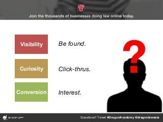Questions? Tweet #DragonAcademy @dragonlawasia
Visibility
Curiosity
Conversion
Be found.
Click-thrus.
Interest.
?
 