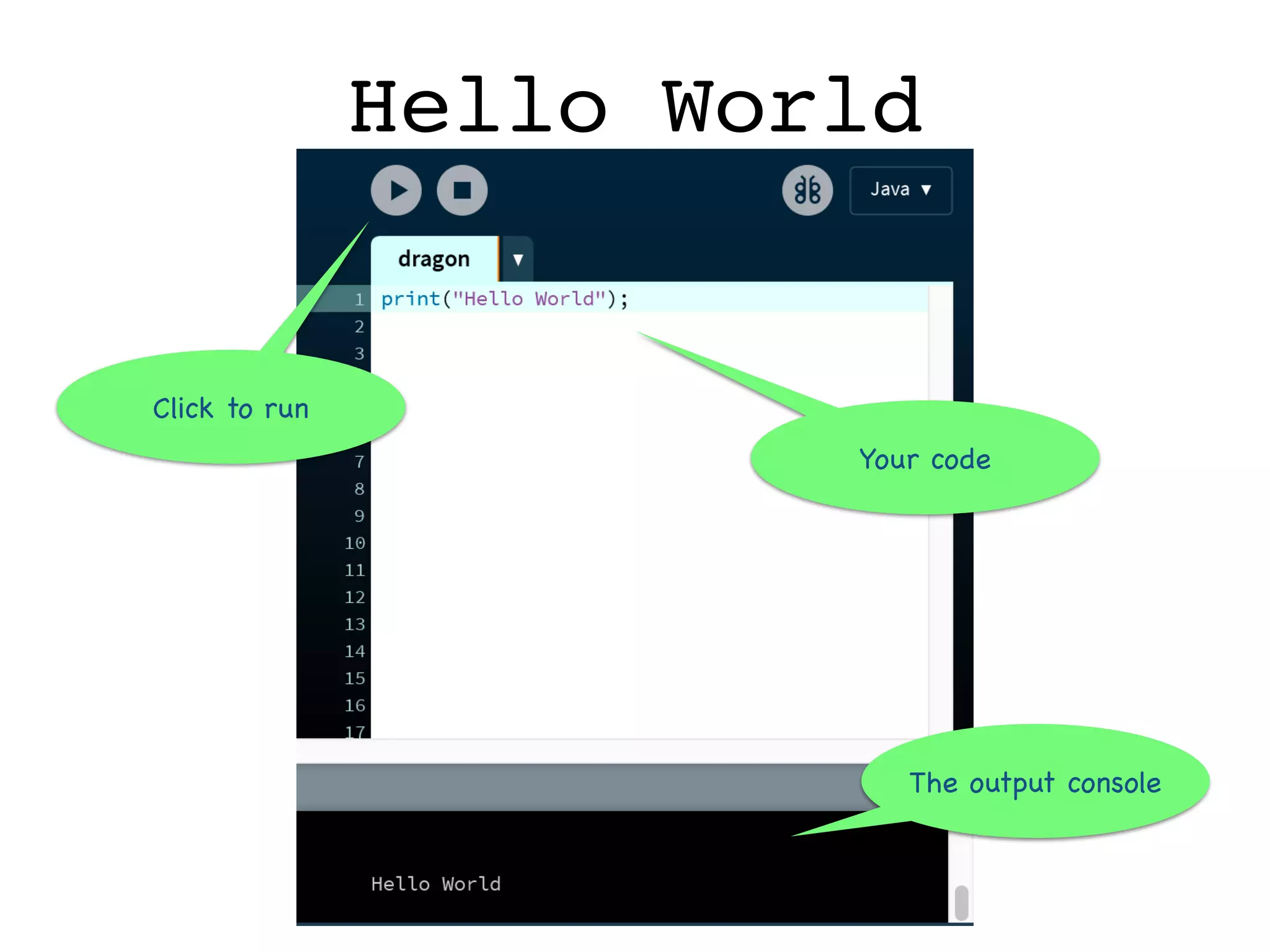 Hello World
The output console
Your code
Click to run
 