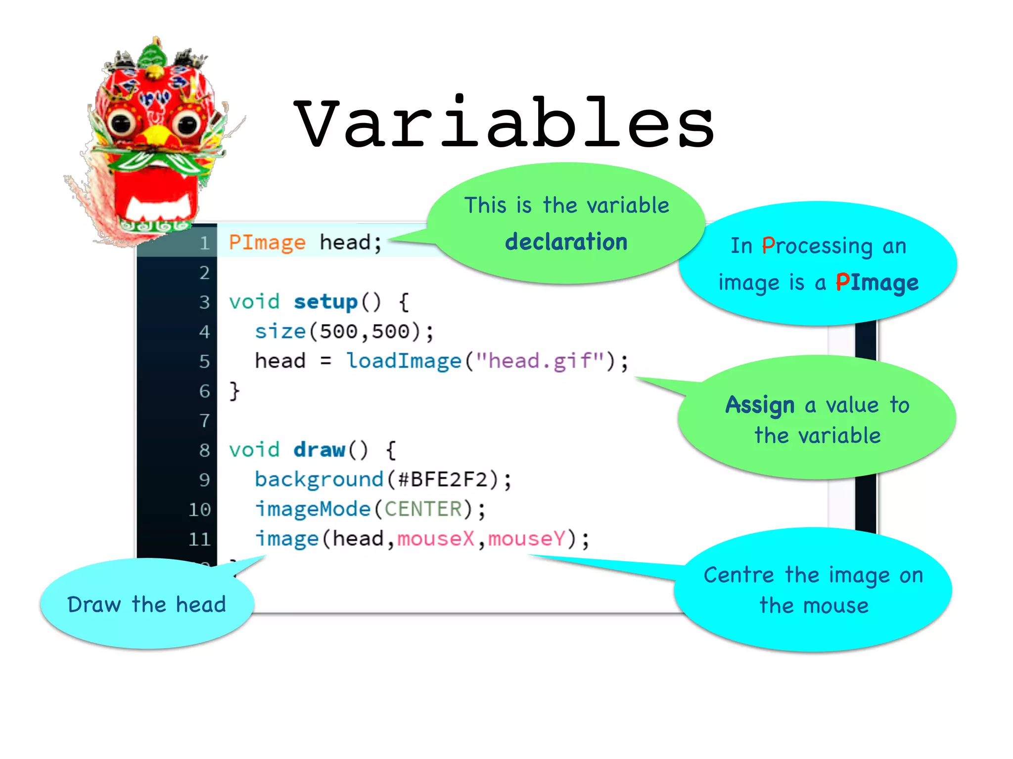 Variables
Draw the head
Assign a value to
the variable
Centre the image on
the mouse
In Processing an
image is a PImage
This is the variable
declaration
 