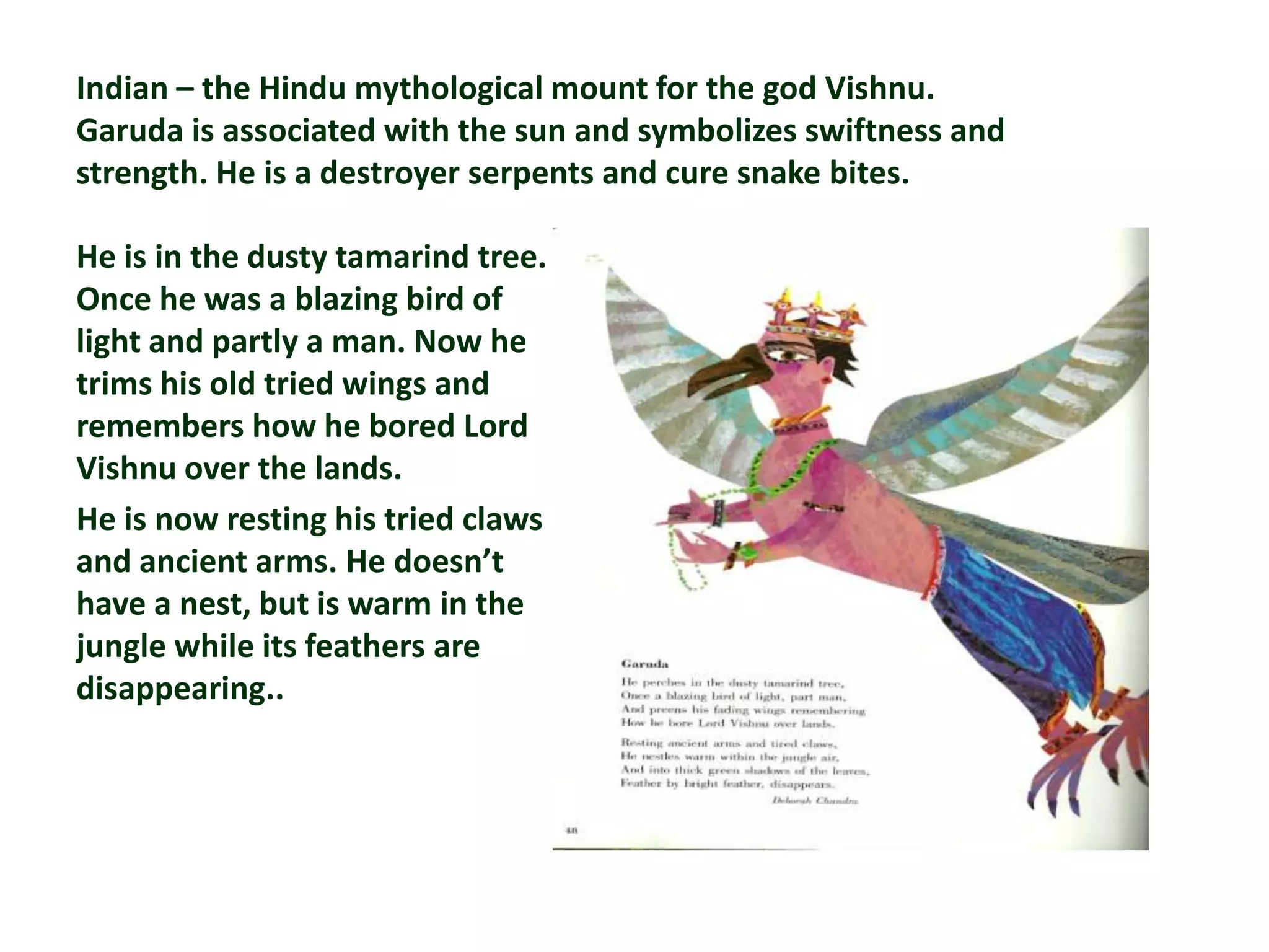 Indian – the Hindu mythological mount for the god Vishnu.
Garuda is associated with the sun and symbolizes swiftness and
strength. He is a destroyer serpents and cure snake bites.

He is in the dusty tamarind tree.
Once he was a blazing bird of
light and partly a man. Now he
trims his old tried wings and
remembers how he bored Lord
Vishnu over the lands.
He is now resting his tried claws
and ancient arms. He doesn’t
have a nest, but is warm in the
jungle while its feathers are
disappearing..
 