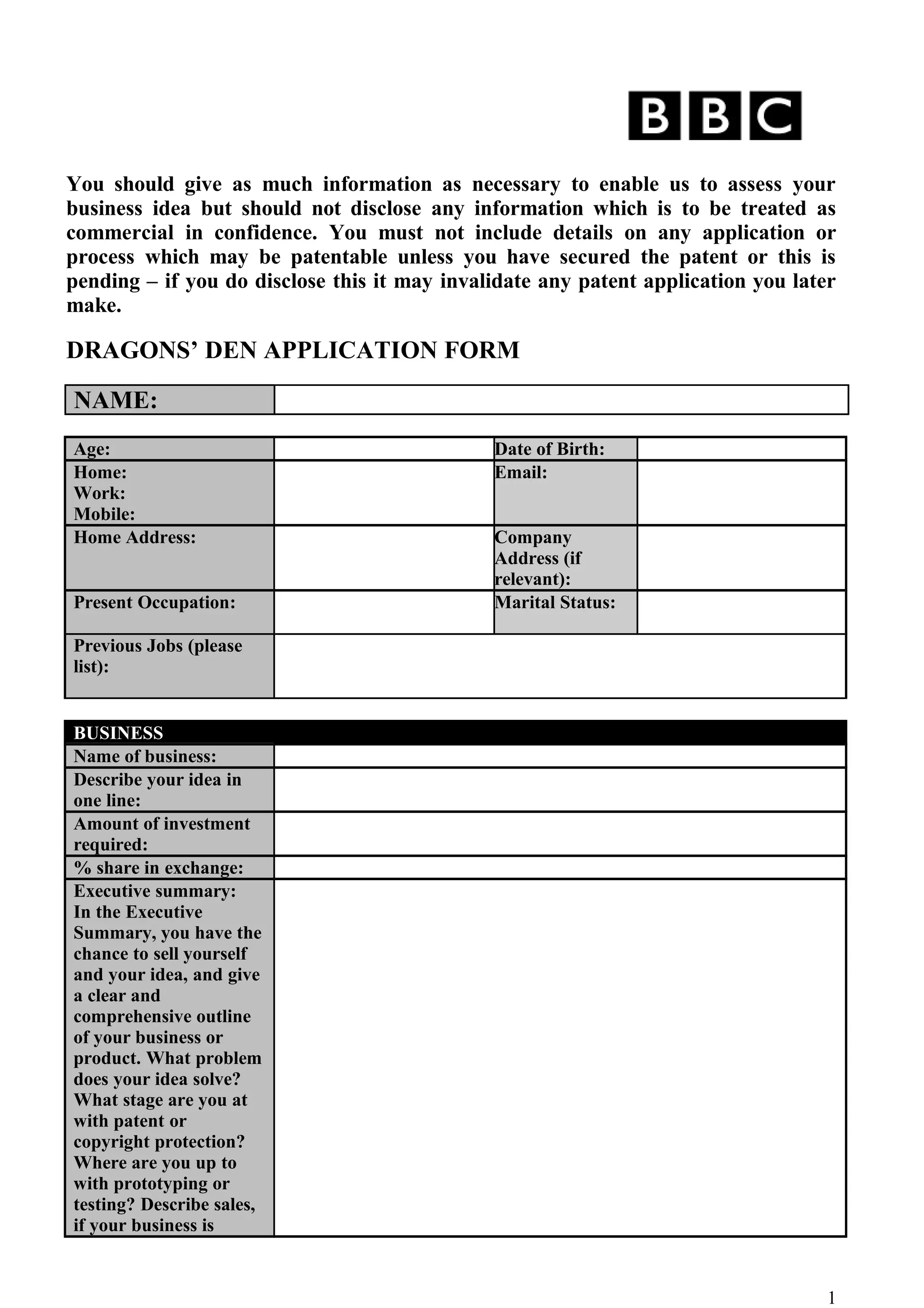 BBC Dragons' Den Application Form 2013 | PDF 
