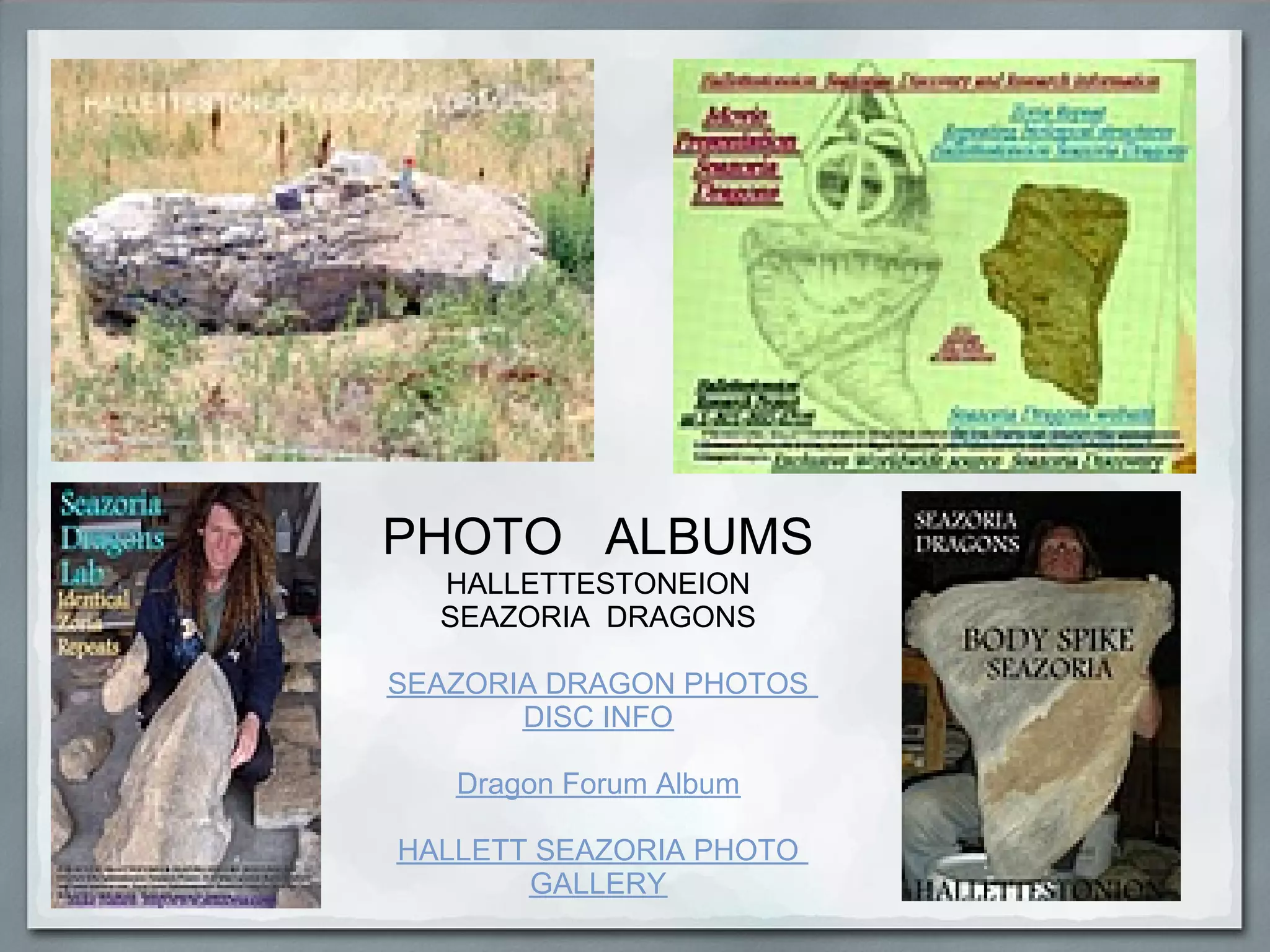 PHOTO ALBUMS
  HALLETTESTONEION
  SEAZORIA DRAGONS

SEAZORIA DRAGON PHOTOS
       DISC INFO

   Dragon Forum Album

HALLETT SEAZORIA PHOTO
       GALLERY
 