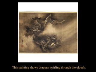 This painting shows dragons swirling through the clouds. 
