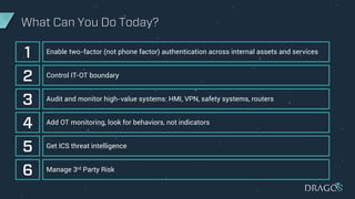 What Can You Do Today?
1 Enable two-factor (not phone factor) authentication across internal assets and services
2 Control IT-OT boundary
3 Audit and monitor high-value systems: HMI, VPN, safety systems, routers
4 Add OT monitoring, look for behaviors, not indicators
5 Get ICS threat intelligence
6 Manage 3rd Party Risk
 