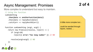 // Using the function
sumSomething
.then(data => anotherFunction(data))
.then(data => replyRest(data))
.catch(err => replyRestKO(err))
function sumSomething (arg1, arg2) {
return new Promise((resolve, reject) => {
if (arg1>10)
reject({ error:’Too long number’ }) // KO
resolve(arg1+arg2) // KO
})
}
Async Management: Promises
More complex to understand but easy to maintain.
2 of 4
A little more complex but...
could be sended through
layers, nested, ...
 