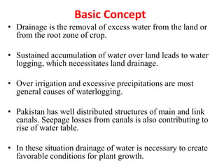 Basic Concept
• Drainage is the removal of excess water from the land or
from the root zone of crop.
• Sustained accumulation of water over land leads to water
logging, which necessitates land drainage.
• Over irrigation and excessive precipitations are most
general causes of waterlogging.
• Pakistan has well distributed structures of main and link
canals. Seepage losses from canals is also contributing to
rise of water table.
• In these situation drainage of water is necessary to create
favorable conditions for plant growth.
 