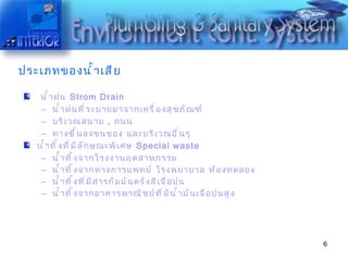 ประเภทของน้ำเสีย   น้ำฝน  Strom Drain น้ำฝนที่ระบายมาจากเครื่องสุขภัณฑ์ บริเวณสนาม  ,  ถนน ทางขึ้นลงขนของ และบริเวณอื่นๆ น้ำทิ้งที่มีลักษณะพิเศษ  Special waste น้ำทิ้งจากโรงงานอุตสาหกรรม  น้ำทิ้งจากทางการแพทย์ โรงพยาบาล ห้องทดลอง น้ำทิ้งที่มีสารกัมมันตรังสีเจือปน  น้ำทิ้งจากอาคารพาณิชย์ที่มีน้ำมันเจือปนสูง 