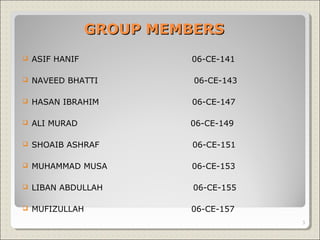 GROUP MEMBERSGROUP MEMBERS
 ASIF HANIF 06-CE-141
 NAVEED BHATTI 06-CE-143
 HASAN IBRAHIM 06-CE-147
 ALI MURAD 06-CE-149
 SHOAIB ASHRAF 06-CE-151
 MUHAMMAD MUSA 06-CE-153
 LIBAN ABDULLAH 06-CE-155
 MUFIZULLAH 06-CE-157
3
 