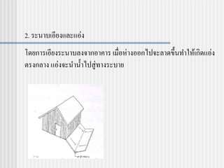 2. ระนาบเอียงและแอ่ง
โดยการเอียงระนาบลงจากอาคาร เมื่อห่างออกไปจะลาดขึ้นทาให้เกิดแอ่ง
ตรงกลาง แอ่งจะนาน้าไปสู่ทางระบาย
 