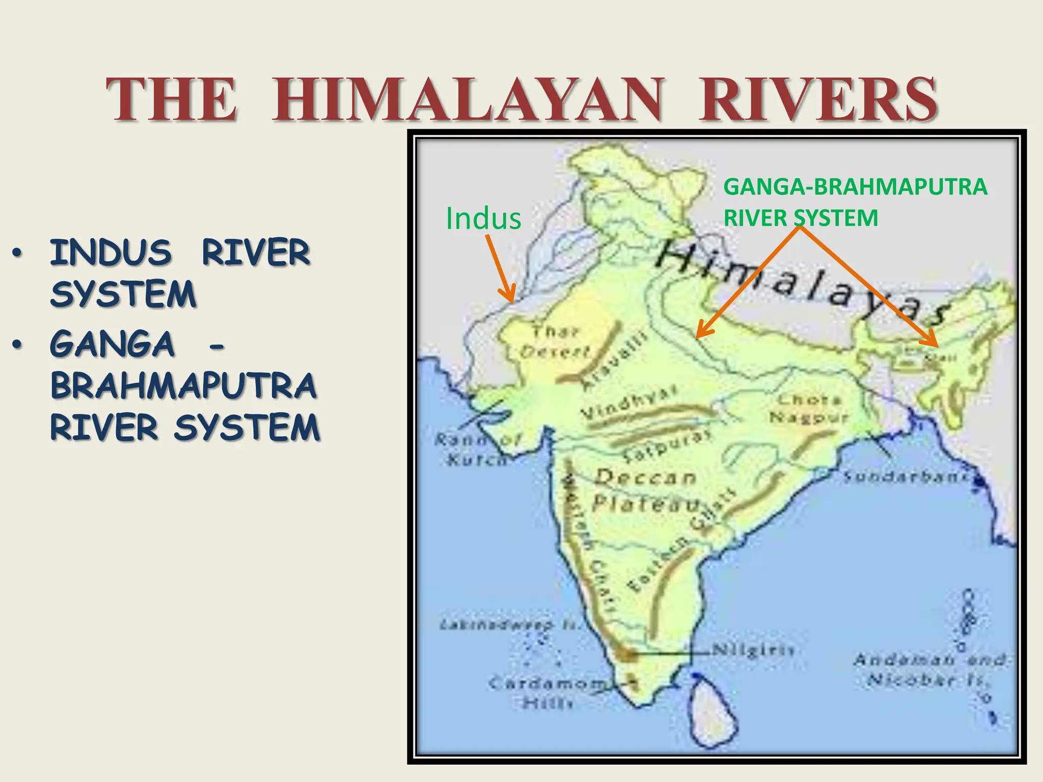 THE HIMALAYAN RIVERS
• INDUS RIVER
SYSTEM
• GANGA -
BRAHMAPUTRA
RIVER SYSTEM
Indus
GANGA-BRAHMAPUTRA
RIVER SYSTEM
 