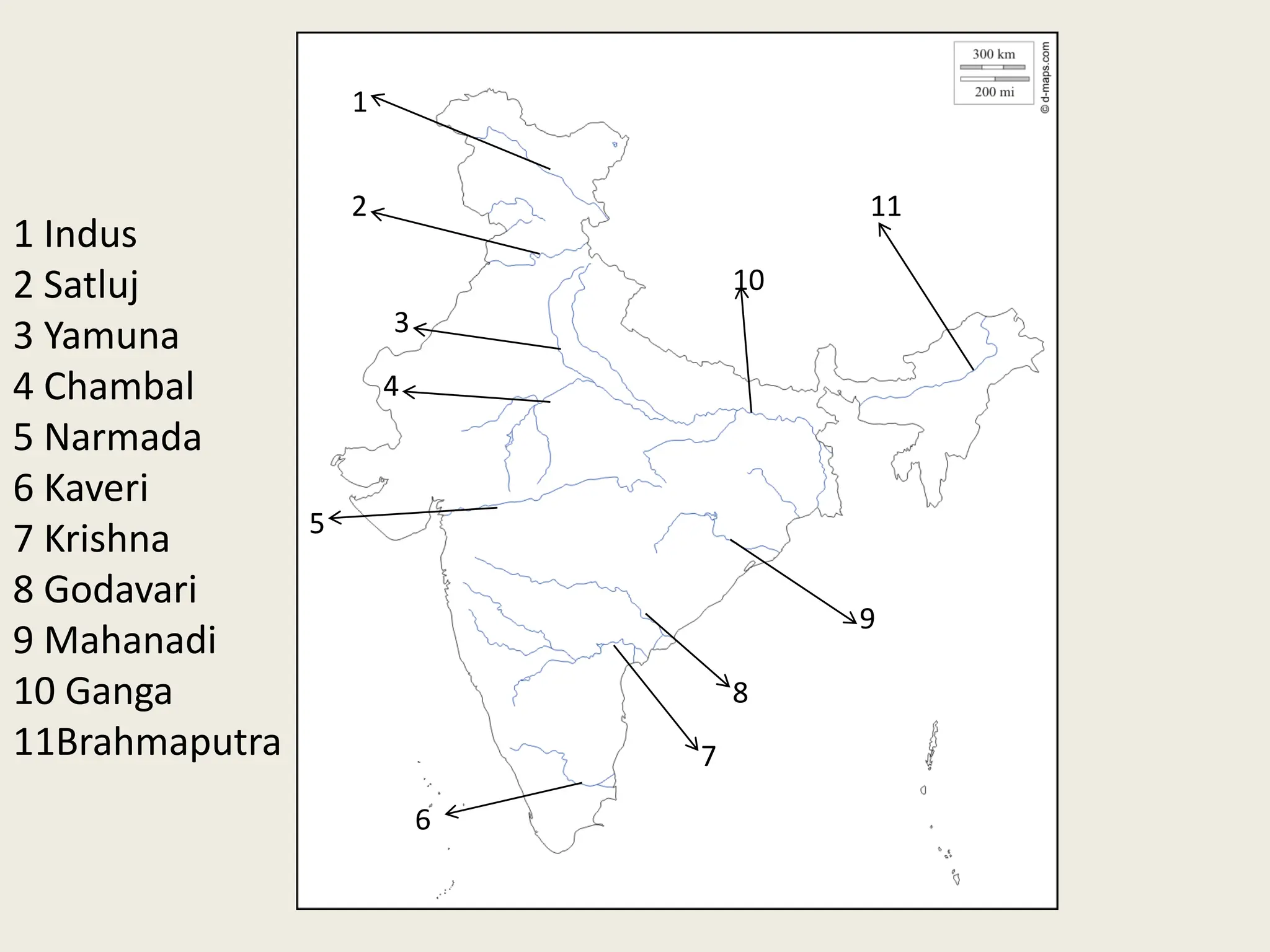 1
10
9
8
7
6
5
4
3
2 11
1 Indus
2 Satluj
3 Yamuna
4 Chambal
5 Narmada
6 Kaveri
7 Krishna
8 Godavari
9 Mahanadi
10 Ganga
11Brahmaputra
 