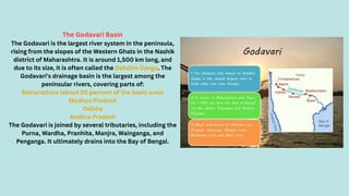 The Godavari Basin
The Godavari is the largest river system in the peninsula,
rising from the slopes of the Western Ghats in the Nashik
district of Maharashtra. It is around 1,500 km long, and
due to its size, it is often called the Dakshin Ganga. The
Godavari's drainage basin is the largest among the
peninsular rivers, covering parts of:
Maharashtra (about 50 percent of the basin area)
Madhya Pradesh
Odisha
Andhra Pradesh
The Godavari is joined by several tributaries, including the
Purna, Wardha, Pranhita, Manjra, Wainganga, and
Penganga. It ultimately drains into the Bay of Bengal.
 