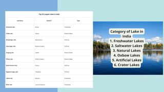 Category of Lake in
India
1. Freshwater Lakes
2. Saltwater Lakes
3. Natural Lakes
4. Oxbow Lakes
5. Artificial Lakes
6. Crater Lakes
Top 10 Largest Lakes in India
Lake Name State/UT Type
Vembanad Lake Kerala Freshwater
Chilika Lake Odisha Brackish Water
Shivaji Sagar Lake Maharashtra Artificial
Indira Sagar Lake Madhya Pradesh Artificial
Pangong Lake Ladakh Brackish Water
Pulicat Lake Andhra Pradesh Brackish Water
Sardar Sarovar Lake Gujarat Artificial
Nagarjuna Sagar Lake Telangana Artificial
Loktak Lake Manipur Freshwater
Wular Lake Jammu & Kashmir Freshwater
 