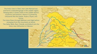 The Indus rises in Tibet, near Lake Mansarovar,
and forms a beautiful gorge in the Ladakh region.
Flowing west, it enters India in the Ladakh district
of Jammu and Kashmir, where it is joined by
tributaries like the Zaskar, Nubra, Shyok, and
Hunza.
The Indus flows through Baltistan and Gilgit before
emerging from the mountains at Attock.
The Satluj, Beas, Ravi, Chenab, and Jhelum join the
Indus near Mithankot in Pakistan.
 