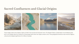 Sacred Confluences and Glacial Origins
These images capture the majestic origins of India's most sacred and important rivers. The Gangotri Glacier, nestled high in the Himalayas, gives
birth to the Ganga, while the confluence at Devprayag marks where two mighty streams unite. These geographical features hold immense religious,
cultural, and ecological significance for millions of people.
 
