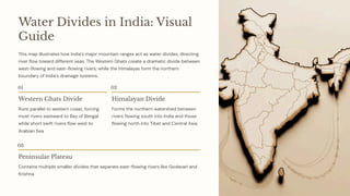 Water Divides in India: Visual
Guide
This map illustrates how India's major mountain ranges act as water divides, directing
river flow toward different seas. The Western Ghats create a dramatic divide between
west-flowing and east-flowing rivers, while the Himalayas form the northern
boundary of India's drainage systems.
01
Western Ghats Divide
Runs parallel to western coast, forcing
most rivers eastward to Bay of Bengal
while short swift rivers flow west to
Arabian Sea
02
Himalayan Divide
Forms the northern watershed between
rivers flowing south into India and those
flowing north into Tibet and Central Asia
03
Peninsular Plateau
Contains multiple smaller divides that separate east-flowing rivers like Godavari and
Krishna
 