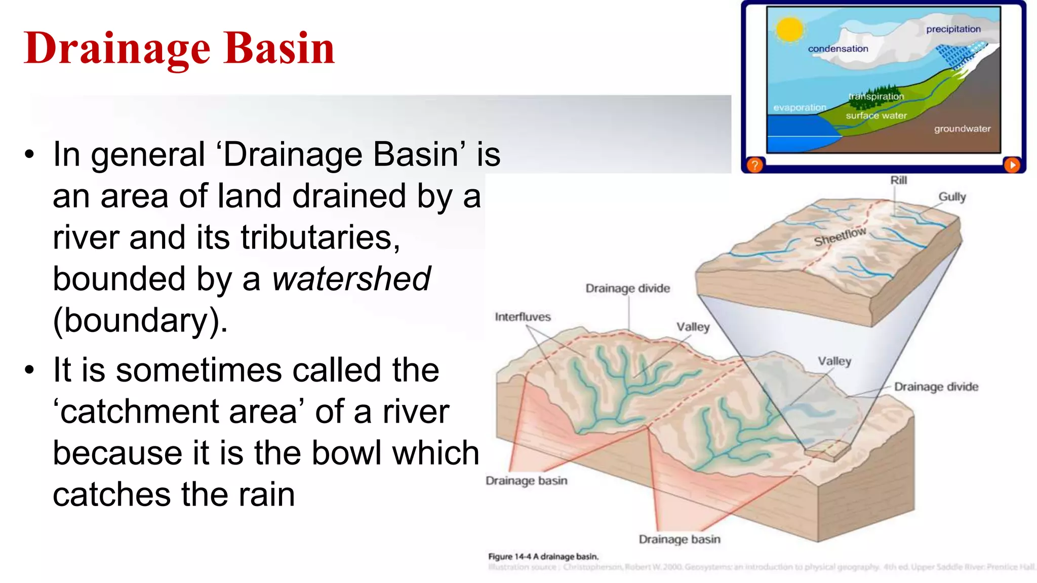 • In general ‘Drainage Basin’ is
an area of land drained by a
river and its tributaries,
bounded by a watershed
(boundary).
• It is sometimes called the
‘catchment area’ of a river
because it is the bowl which
catches the rain
Drainage Basin
 