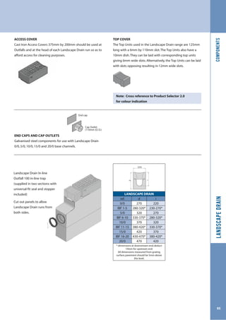 Landscape Drain In-line
Outfall 100 in-line trap
(supplied in two sections with
universal-fit seal and stopper
included)
Cut out panels to allow
Landscape Drain runs from
both sides.
TOP COVER
The Top Units used in the Landscape Drain range are 125mm
long with a 6mm by 110mm slot.The Top Units also have a
10mm dish.They can be laid with corresponding top units
giving 6mm wide slots. Alternatively, the Top Units can be laid
with slots opposing resulting in 12mm wide slots.
ACCESS COVER
Cast Iron Access Covers 375mm by 200mm should be used at
Outfalls and at the head of each Landscape Drain run so as to
afford access for cleaning purposes.
Note: Cross reference to Product Selector 2.0
for colour indication
Cap Outlet
(110mm (O. D.)
End cap
END CAPS AND CAP OUTLETS
Galvanised steel components for use with Landscape Drain
0/0, 5/0, 10/0, 15/0 and 20/0 base channels.
LANDSCAPE DRAIN
ref. d i
0/0 270 220
IBF 1-5 280-320* 230-270*
5/0 320 270
IBF 6-10 330-370* 280-320*
10/0 370 320
IBF 11-15 380-420* 330-370*
15/0 420 370
IBF 16-20 430-470* 380-420*
20/0 470 420
*-dimensions at downstream end; deduct
10mm for upstream end.
All dimensions measured from grating
surface,pavement should be 5mm above
this level.
COMPONENTSLANDSCAPEDRAIN
95
 