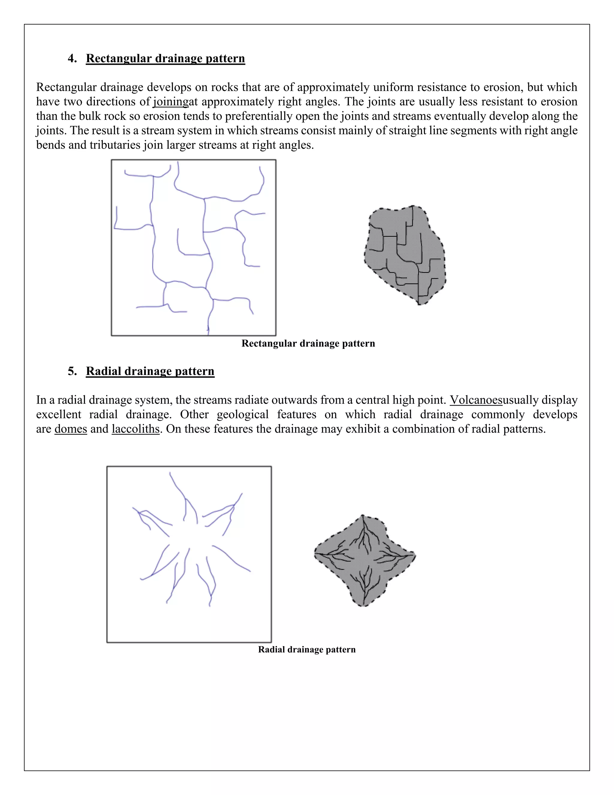 4. Rectangular drainage pattern
Rectangular drainage develops on rocks that are of approximately uniform resistance to erosion, but which
have two directions of joiningat approximately right angles. The joints are usually less resistant to erosion
than the bulk rock so erosion tends to preferentially open the joints and streams eventually develop along the
joints. The result is a stream system in which streams consist mainly of straight line segments with right angle
bends and tributaries join larger streams at right angles.
Rectangular drainage pattern
5. Radial drainage pattern
In a radial drainage system, the streams radiate outwards from a central high point. Volcanoesusually display
excellent radial drainage. Other geological features on which radial drainage commonly develops
are domes and laccoliths. On these features the drainage may exhibit a combination of radial patterns.
Radial drainage pattern
 