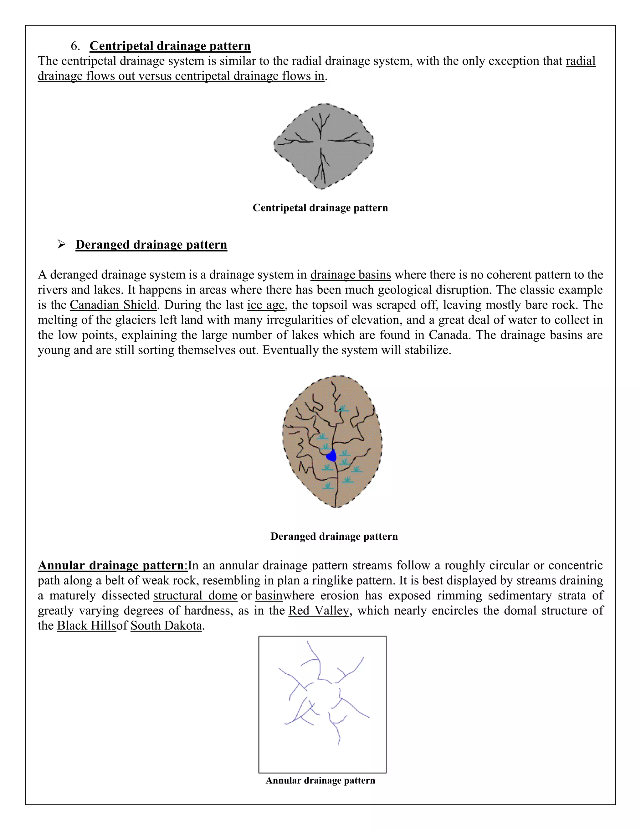 6. Centripetal drainage pattern
The centripetal drainage system is similar to the radial drainage system, with the only exception that radial
drainage flows out versus centripetal drainage flows in.
Centripetal drainage pattern
 Deranged drainage pattern
A deranged drainage system is a drainage system in drainage basins where there is no coherent pattern to the
rivers and lakes. It happens in areas where there has been much geological disruption. The classic example
is the Canadian Shield. During the last ice age, the topsoil was scraped off, leaving mostly bare rock. The
melting of the glaciers left land with many irregularities of elevation, and a great deal of water to collect in
the low points, explaining the large number of lakes which are found in Canada. The drainage basins are
young and are still sorting themselves out. Eventually the system will stabilize.
Deranged drainage pattern
Annular drainage pattern:In an annular drainage pattern streams follow a roughly circular or concentric
path along a belt of weak rock, resembling in plan a ringlike pattern. It is best displayed by streams draining
a maturely dissected structural dome or basinwhere erosion has exposed rimming sedimentary strata of
greatly varying degrees of hardness, as in the Red Valley, which nearly encircles the domal structure of
the Black Hillsof South Dakota.
Annular drainage pattern
 