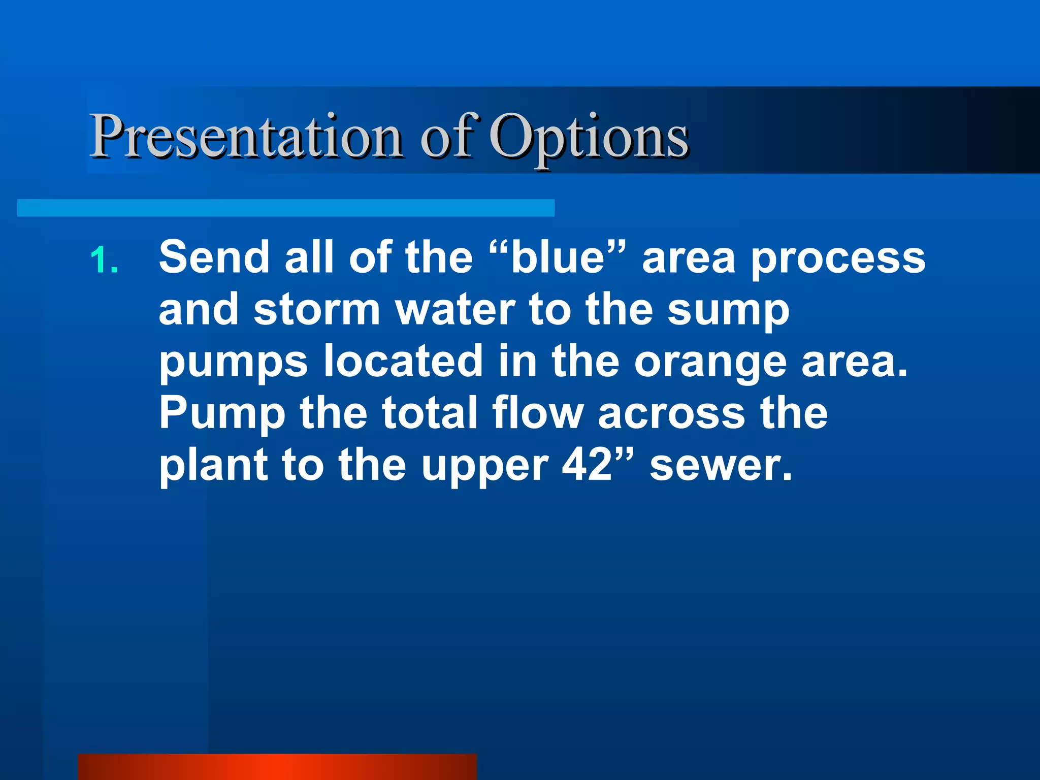 Presentation of Options Send all of the “blue” area process and storm water to the sump pumps located in the orange area. Pump the total flow across the plant to the upper 42” sewer. 