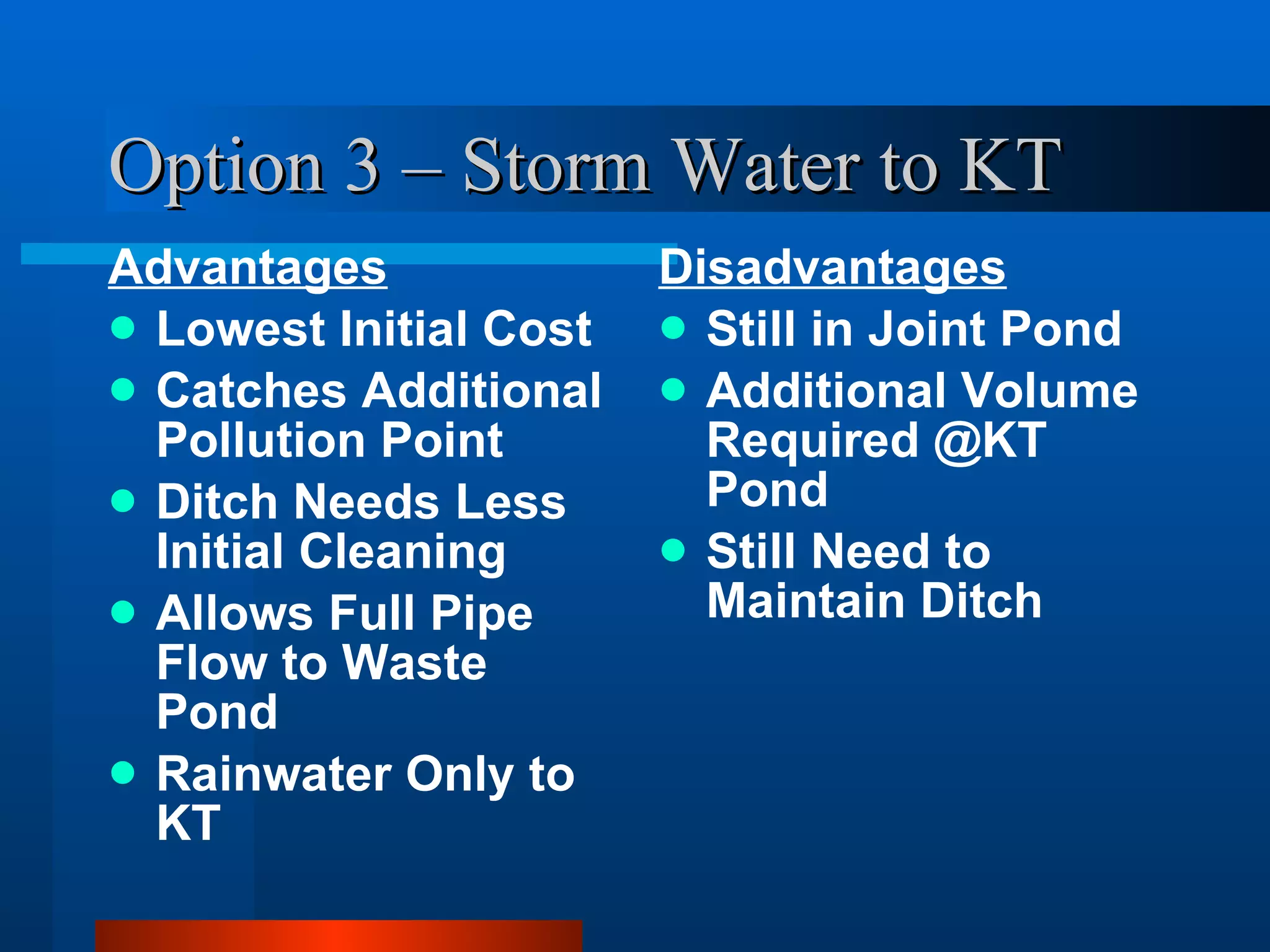 Option 3 – Storm Water to KT Advantages Lowest Initial Cost Catches Additional Pollution Point Ditch Needs Less Initial Cleaning Allows Full Pipe Flow to Waste Pond Rainwater Only to KT Disadvantages Still in Joint Pond Additional Volume Required @KT Pond Still Need to Maintain Ditch 