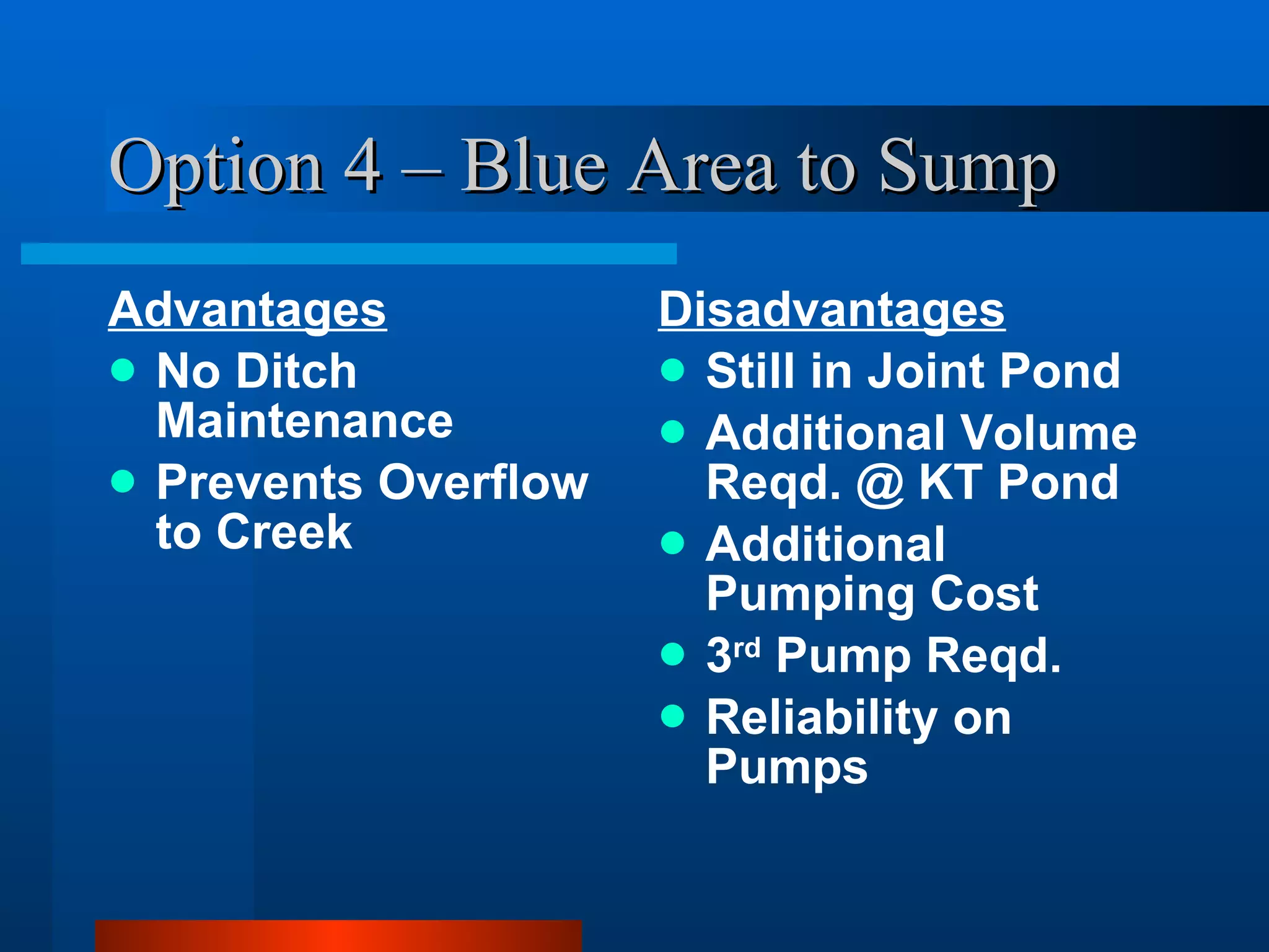 Option 4 – Blue Area to Sump Advantages No Ditch Maintenance Prevents Overflow to Creek Disadvantages Still in Joint Pond Additional Volume Reqd. @ KT Pond Additional Pumping Cost 3 rd  Pump Reqd. Reliability on Pumps 