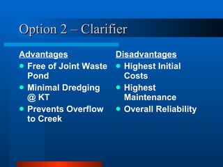 Option 2 – Clarifier Advantages Free of Joint Waste Pond Minimal Dredging @ KT Prevents Overflow to Creek Disadvantages Highest Initial Costs Highest Maintenance Overall Reliability 