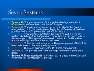 Seven Systems System #1 .  The gravity system for the yellow drainage area which flows directly to Limestone creek behind Burgess. System #2 .  The pressurized system which is located in the Orange area and pumps to the gravity sewer beginning at Burgess. A retention pond located on KT’s property is part of this system. System #3 .  This system is located in the blue area and is a gravity system which flows thru Burgess and Huber then thru an open ditch to the waste pond. This system has several bottlenecks. Both the blue and red drainage areas contribute to this area. System #4 .  This is the drainage area on Burgess’s property (Red). This transports water to the blue gravity system. System #5 . The storm drainage for the R&D area (green area). System #6 .  The process and storm drainage for the main plant (pink area).  System #7 .The pressurized system that returns waste to the Avant and Hall Mines via two Hazleton 4J pumps. 