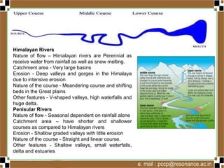 Himalayan Rivers
Nature of flow – Himalayan rivers are Perennial as
receive water from rainfall as well as snow melting.
Catchment area - Very large basins
Erosion - Deep valleys and gorges in the Himalaya
due to intensive erosion
Nature of the course - Meandering course and
shifting beds in the Great plains
Other features - V-shaped valleys, high waterfalls and
huge delta.
Penisular Rivers
Nature of flow - Seasonal dependent on rainfall alone
Catchment area – have shorter and shallower
courses as compared to Himalayan rivers
Erosion - Shallow graded valleys with little erosion
Nature of the course - Straight and linear course.
Other features - Shallow valleys, small waterfalls,
delta and estuaries
 