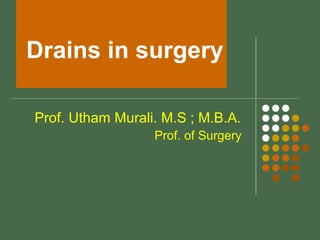 Drains in surgery
Prof. Utham Murali. M.S ; M.B.A.
Prof. of Surgery
 
