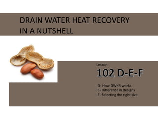 DRAIN WATER HEAT RECOVERY
IN A NUTSHELL
Lesson
D- How DWHR works
E- Difference in designs
F- Selecting the right size
 