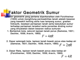 Faktor Geometrik Sumur
Faktor geometrik yang pertama diperkenalkan oleh Forchheimer
(1930) untuk menghitung permeabilitas tanah adalah besaran
yang mewakili keliling serta luas tampang sumur, gradien
hidraulik, keadaan perlapisan tanah serta kedudukan sumur
terhadap perlapisan tersebut serta porositas dinding sumur
yang dinyatakan dalam besaran radius sumuran
1. Berbentuk bola, seluruh lapisan tanah porus (Samsioe, 1931;
Dachler, 1936; Aravin, 1965)
2. Dasar setengah bola, lapisan tanah bawah porus atas kedap air
(Samsioe, 1931; Dachler, 1936; Aravin, 1965)
3. Dasar Rata, lapisan tanah bawah porus atas kedap air
(Forchheimer, 1930; Dachler, 1936; Aravin, 1965)
RF π4=
RF π2=
RF 4=
 