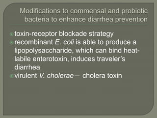 toxin-receptor blockade strategy
recombinant E. coli is able to produce a
lipopolysaccharide, which can bind heat-
labile enterotoxin, induces traveler’s
diarrhea
virulent V. cholerae－ cholera toxin
 
