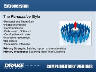 Extroversion The  Persuasive  Style Personal and Team Gain People Interaction Communication Enthusiasm, Optimism Comfortable with risks Intangible recognition Big picture Persuasion, influence Primary Strength:  Building rapport and relationships Primary Weakness:  Speaking More Than Listening 