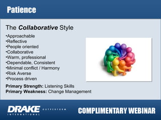 Patience The  Collaborative  Style Approachable Reflective  People oriented Collaborative Warm, professional Dependable, Consistent Minimal conflict / Harmony Risk Averse Process driven Primary Strength:  Listening Skills Primary Weakness:  Change Management 
