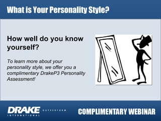 What is Your Personality Style? How well do you know yourself? To learn more about your personality style, we offer you a complimentary DrakeP3 Personality Assessment! 
