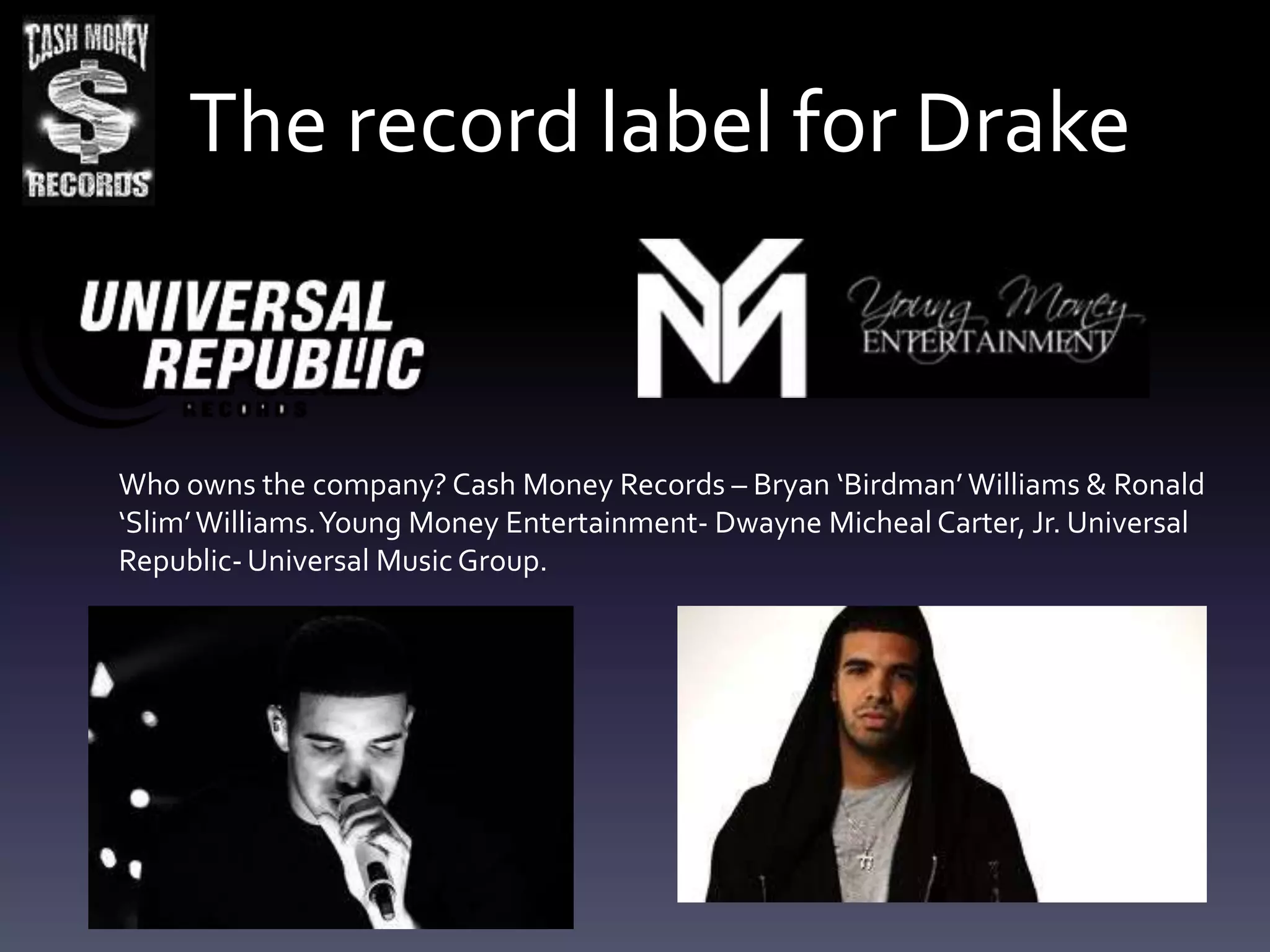 The record label for Drake


Who owns the company? Cash Money Records – Bryan ‘Birdman’ Williams & Ronald
‘Slim’ Williams. Young Money Entertainment- Dwayne Micheal Carter, Jr. Universal
Republic- Universal Music Group.
 