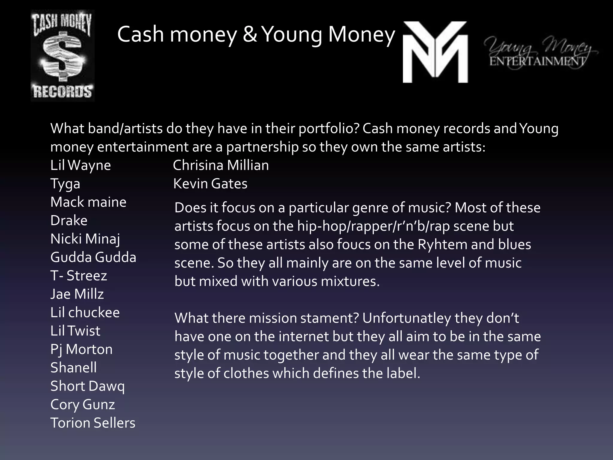Cash money & Young Money


What band/artists do they have in their portfolio? Cash money records and Young
money entertainment are a partnership so they own the same artists:
Lil Wayne          Chrisina Millian
Tyga               Kevin Gates
Mack maine         Does it focus on a particular genre of music? Most of these
Drake              artists focus on the hip-hop/rapper/r’n’b/rap scene but
Nicki Minaj        some of these artists also foucs on the Ryhtem and blues
Gudda Gudda        scene. So they all mainly are on the same level of music
T- Streez          but mixed with various mixtures.
Jae Millz
Lil chuckee        What there mission stament? Unfortunatley they don’t
Lil Twist          have one on the internet but they all aim to be in the same
Pj Morton          style of music together and they all wear the same type of
Shanell            style of clothes which defines the label.
Short Dawq
Cory Gunz
Torion Sellers
 