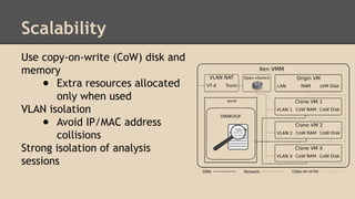 Scalability 
Use copy-on-write (CoW) disk and 
memory 
● Extra resources allocated 
only when used 
VLAN isolation 
● Avoi...