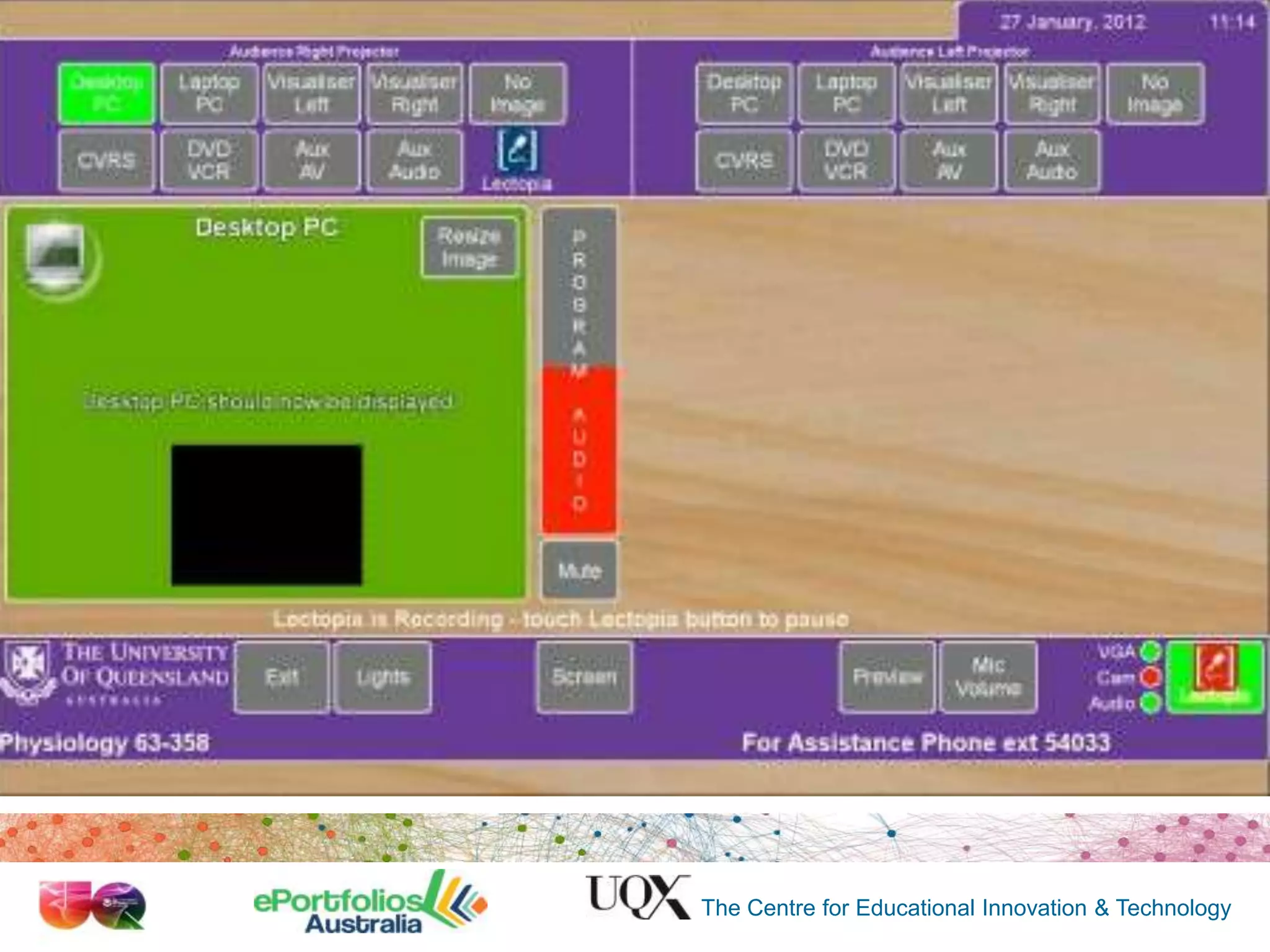 Lecture Capture
@UQ: Any classroom seating 50 or
more students is auto-recorded

With lecture capture we are engaged currently in
a massive “distance learning project” – delivering
online education every day that is totally devoid
of good learning design.

The Centre for Educational Innovation & Technology

 