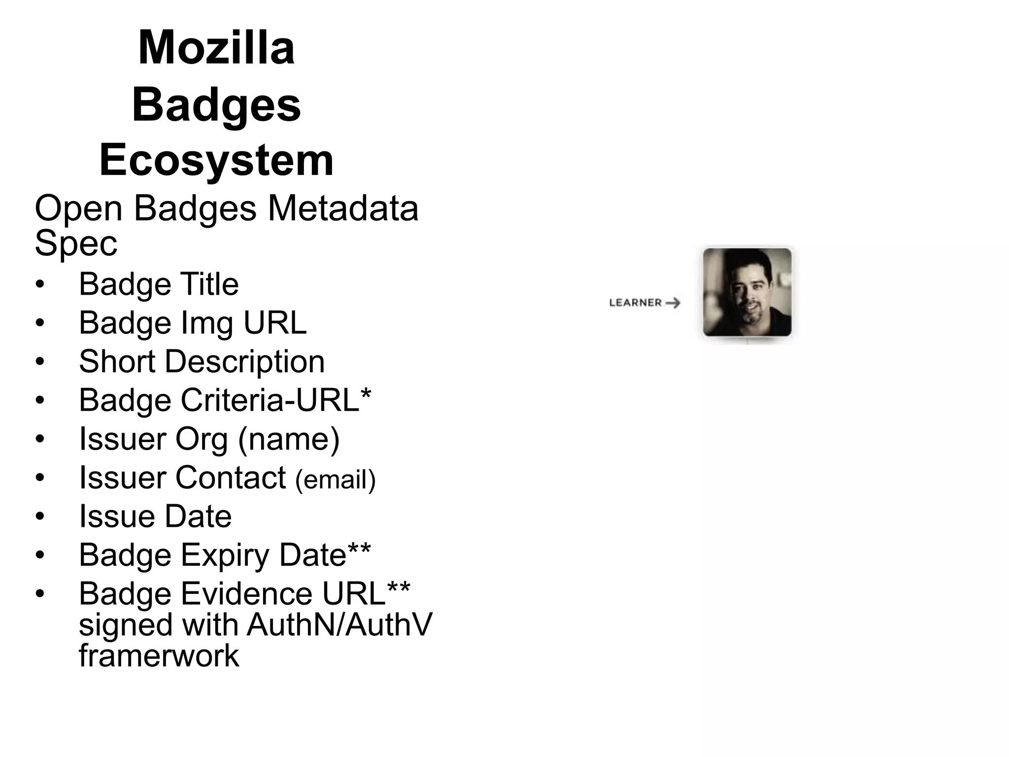 Mozilla
Badges
Ecosystem
Open Badges Metadata
Spec
•
•
•
•
•
•
•
•
•

Badge Title
Badge Img URL
Short Description
Badge Criteria-URL*
Issuer Org (name)
Issuer Contact (email)
Issue Date
Badge Expiry Date**
Badge Evidence URL**
signed with AuthN/AuthV
framerwork

 