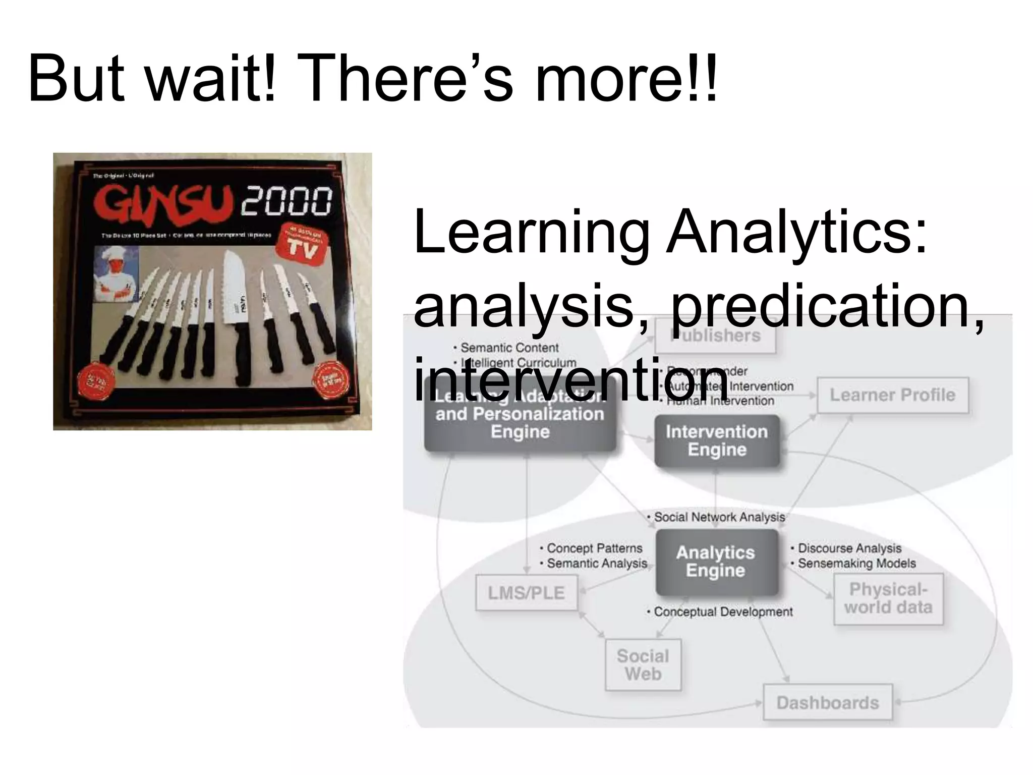 But wait! There‟s more!!
Learning Analytics:
analysis, predication,
intervention

 