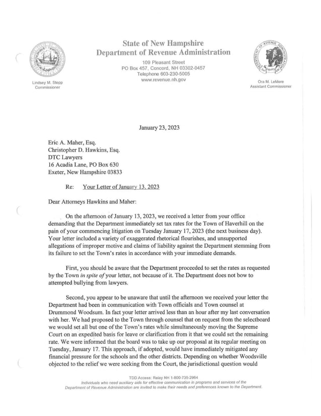 DRA Letter to DTC attorneys on Haverhill, NH Tax Rate PDF