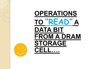 OPERATIONS 
TO “READ” A 
DATA BIT 
FROM A DRAM 
STORAGE 
CELL…. 
 