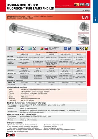 YOUR PARTNER FOR SAFETY
Since 1961
Explosion Proof Electrical Equipment
EVF
EVF
Ex Lighting
LIGHTING FIXTURES FOR
FLUORESCENT TUBE LAMPS AND LED
Installation: hazardous areas - Zone 1 / 2 (Gases) - Zone 21 / 22 (Dusts)
Classification: Group II - Category 2G 2D
Mechanical characteristics
Electrical characteristics for LED lamps
Feam Catalogue 03 - 1
On Request Accessories:
•	Pole mounting kit complete with stainless steel hardware
•	Ceiling mounting kit complete with stainless steel hardware
•	Pendant mounting kit complete with stainless steel hardware
•	Wall/Structure mounting kit complete with stainless steel hardware
•	Galvanized steel wire protection guard
•	Stainless steel wire protection guard
•	Stainless steel reflectors
•	External painting colour on request
•	Electronic ballast with voltage supply different than standard
LIGHTING FIXTURES
ATEX 94/9/EC IEC Ex INMETRO GOST-R (RTR/RTN) GOST-K
EXECUTION
II 2 G Ex d IIC T5/T4                                           
II 2 D Ex tD A21 T100°C/T135°C
Ex d IIC T5/T4                                           
Ex tD A21 T100°C/T135°C
Ex d IIC T5/T4                                           
Ex tD A21 T100°C/T135°C  
1Ex d IIC T5 (T4)                                                           
Ex tD A21 T100°C (T135°C)
1Ex d IIC T5/T4                                                            
DIP A21 TA (100…135)°C
CERTIFICATE REF. ISSeP 02 ATEX 043 - - POCC IT. ME92.B02923 No. 07/43-269
RULES OF
COMPLIANCE
EN 60079-0; EN 60079-1;                                
EN 61241-1
IEC 60079-0 :2007-10;                                                      
IEC 60079-1 :2007-04;                            
IEC 61242-31 :2008-11
ABNT NBR IEC 60079-0:2007-
10; ABNT NBR IEC 60079-
1:2007-04; ABNT NBR IEC
61242-31:2008-11
ГОСТ Р МЭК 60079-0:2011;                                                                          
ГОСТ Р МЭК 61241-0:2007;                                                        
ГОСТ Р МЭК 61241-1:2004
ГОСТ Р 51330.0 /1/8/14-99                                    
ГОСТ Р МЭК 61241-1-1-2002
EMERGENCY UNIT
ATEX 94/9/EC IEC Ex INMETRO GOST-R (RTR/RTN) GOST-K
ESECUZIONE
II 2 G Ex d IIC T6                                                     
II 2 D Ex d tD A21 T85°C
Ex d IIC T6                                                     
Ex d tD A21 T85°C
Ex d IIC T6                                                     
Ex d tD A21 T85°C  
1Ex d IIC T6                                                                            
Ex tD A21 T85°C
1Ex d IIC T6                                                                       
DIP A21 TA 85°C
CERTIFICATE REF. INERIS 08 ATEX 018 - - POCC IT. ME92.B02923 No. 07/43-269
RULES OF
COMPLIANCE
EN 60079-0:2004;                                              
EN 60079-1:2006;                                             
EN 61241-0:2004;
EN 61241-1:2006  
IEC 60079-0:2011;                                                      
IEC 60079-1:2007;                            
IEC 60079-3:2008
ABNT NBR IEC 60079-0:2007-
10; ABNT NBR IEC 60079-
1:2007-04; ABNT NBR IEC
61242-31:2008-11
ГОСТ Р МЭК 60079-0:2011;                                                                          
ГОСТ Р МЭК 61241-0:2007;                                                        
ГОСТ Р МЭК 61241-1:2004
ГОСТ Р 51330.0 /1/8/14-99                                    
ГОСТ Р МЭК 61241-1-1-2002
* valid data for all execution
AMBIENT TEMP. -20°C ÷ +60°C -20°C ÷ +60°C -20°C ÷ +60°C -60°C ÷ +60°C          -60°C ÷ +130°C    
PROT. DEGREE IP66 IP66 IP66 IP66 IP66
Body marine grade copper free aluminium (control gear & emergency unit)
Tubes high-temperature resistant borosylicate glass tube
painting external epoxy powders grey ral-9006 colour
screws external stainless steel
gaskets nbr rubber
reflectors white stove enamelled sheet steel
cable entry 3/4” npt size threaded
power supply elettronic ballast 110÷260V AC/DC 0/50/60 Hz (p.f.corrected - cos ρ ≥ 0,98)
lampholders bi-pin g13 cap
Terminals suitable up to 4sq/mm cables
emergency unit
emergency unit composed of inverter charger and Ni-Cd battery pack 4A/h 4.8v. autonomy 120min.
Led power-on indicating lamp provided
Electrical characteristics for fluorescent tube lamps
power supply elettronic ballast 90÷277Vac 50/60Hz (cos ρ ≥ 0,98)
lampholders bi-pin g13 cap
Terminals suitable up to 4sq/mm cables
 
